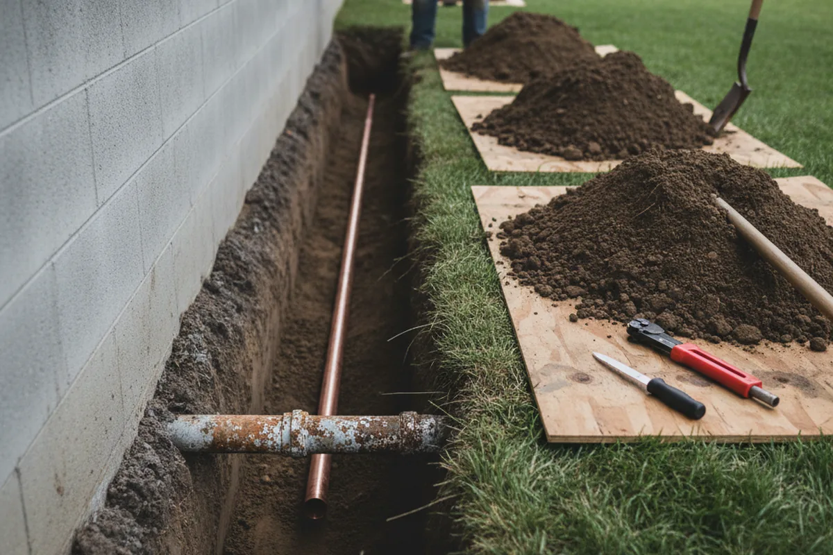 Excavated water line trench during Water Softener Installation in Leesburg